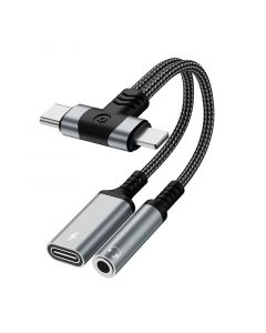 4 in 1 3.5mm AUX Audio Female and Charge USB C Female to Lighting Male and USB C Male (Sliver)(T-shaped)(0.3ft)