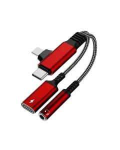 4 in 1 Lighting Male and USB C Male to 3.5mm AUX Audio Female and Charge USB C Female (Red)(0.3ft)