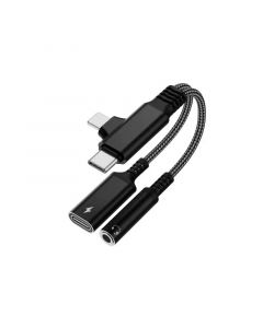 4 in 1 Lighting Male and USB C Male to 3.5mm AUX Audio Female and Charge USB C Female (Black)(0.3ft)