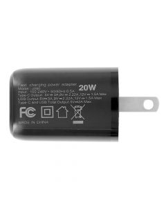 2-Port PD Type C (20W) & USB A (20W) Wall Charger Adapter for Mobile Phone (U090) - Black