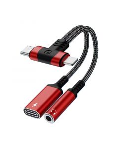 4 in 1 3.5mm AUX Audio Female and Charge USB C Female to Lighting Male and USB C Male (Red)(T-shaped)(0.3ft)