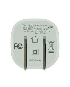 PD Type C (20W) & USB Wall Charger Adapter for Mobile Phone (U111/Folding Plug) - White