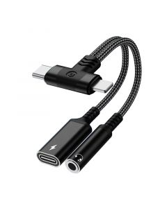 4 in 1 3.5mm AUX Audio Female and Charge USB C Female to Lighting Male and USB C Male (Black)(T-shaped)(0.3ft)