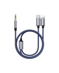 2 in 1 USB C & Lightning to 3.5mm AUX Audio Cable-Blue(1.2M)