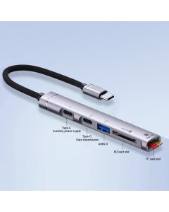 USB C Hub With 1 Port USB 2.0 ,1 Charge Type-C ,1 Data Type-c and 1 SD Card Reader and 1 TF Card Reader Hub Splitter and 0.65ft Extended Cable