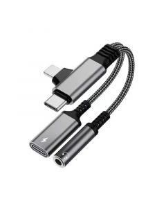 4 in 1 Lighting Male and USB C Male to 3.5mm AUX Audio Female and Charge USB C Female (Sliver)(0.3ft)