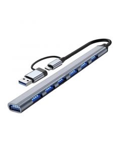 2 in 1 USB C&USB 3.0 Hub With 7 Port USB 3.0 Hub Splitter and 0.65ft Extended Cable(Sliver)