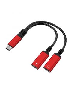 2 in 1 USB C to Dual USB C Audio&Charging Braid Cable Adapter-Red